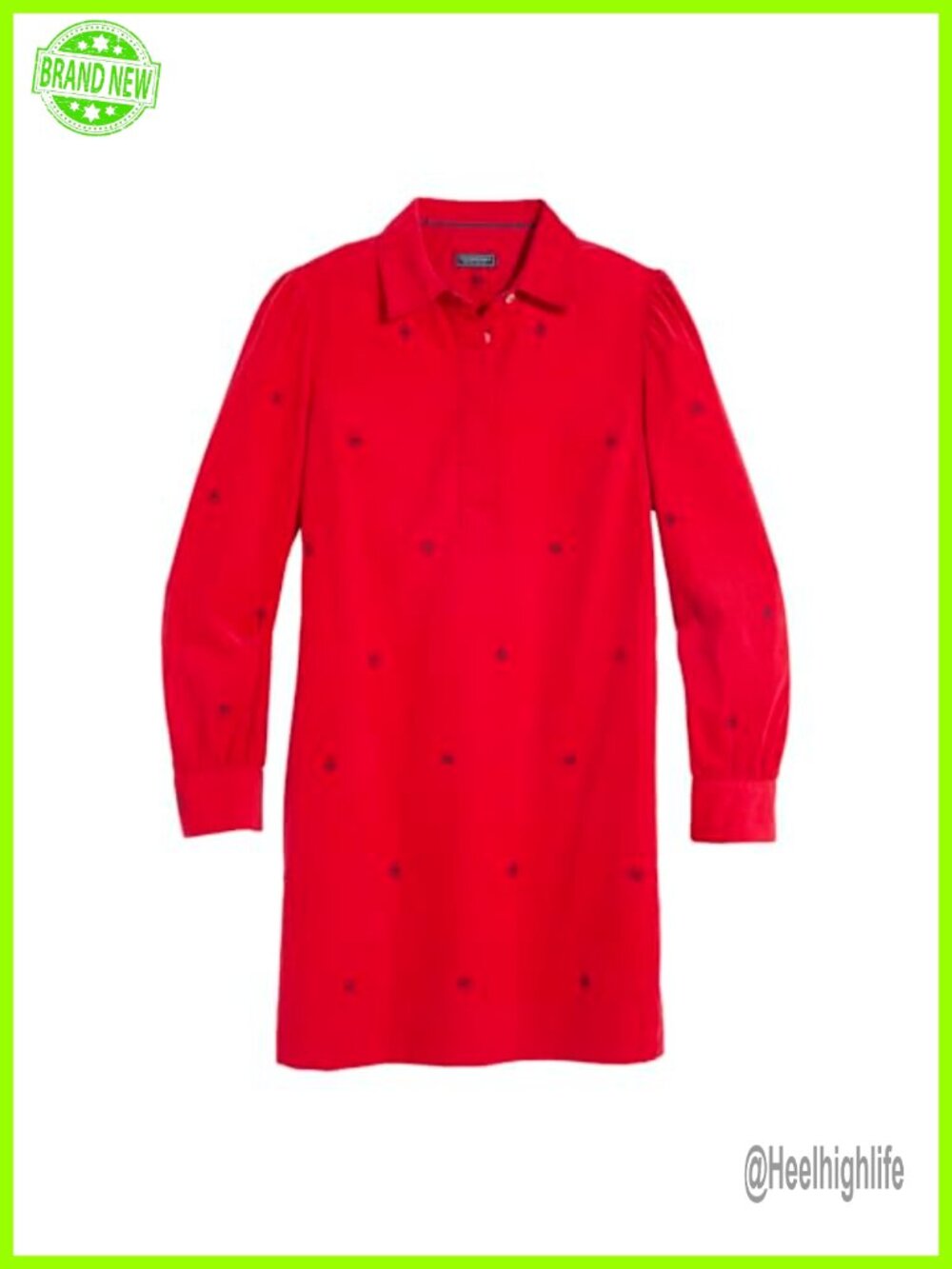 Embroidered Cord Popover Dress Long Sleeve Collared Mid Thigh Casual